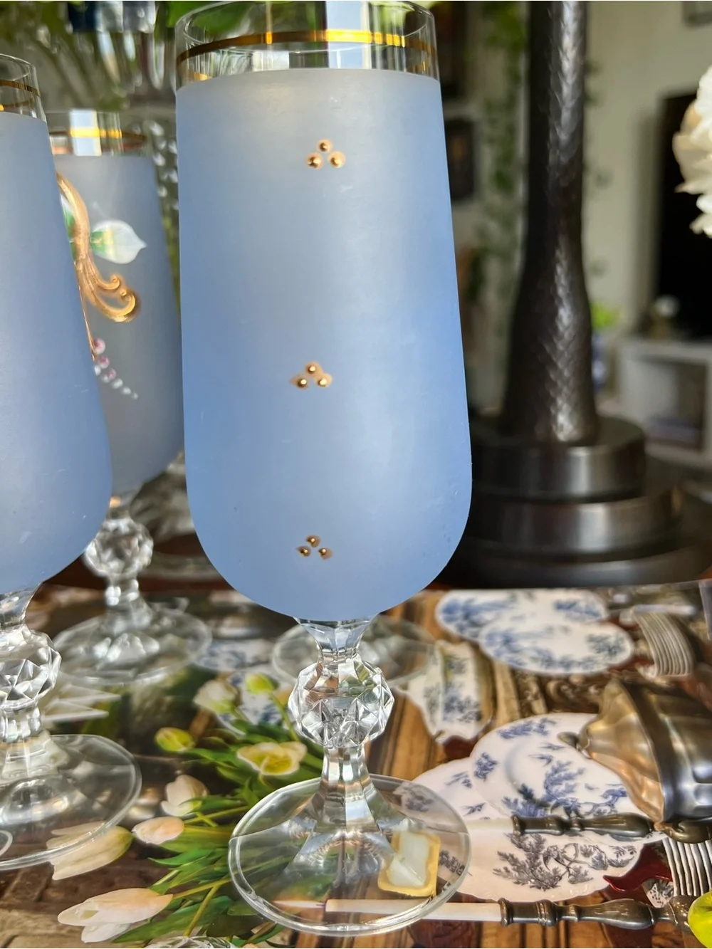 Vtg Czech Crystal Blue Frosted Floral Champagne Glasses - Set of 4